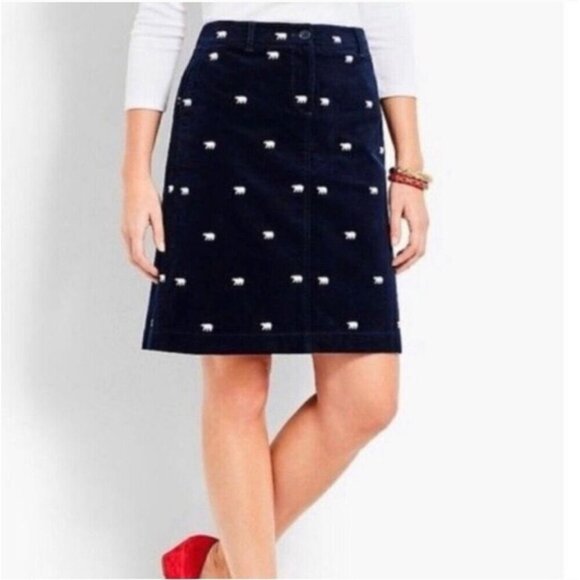 Talbots Womens Skirt 10 Navy Blue Embroidered Polar Bear Velvet Stretch - Picture 2 of 13